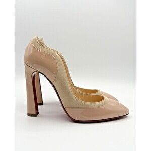 Christian Louboutin Patent & Suede Nude Block Heels Maud 100 Sz EU 37 7 Sample